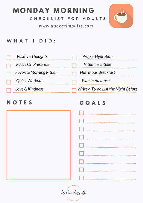 morning routine checklist adults weekly mood relaxation priorities